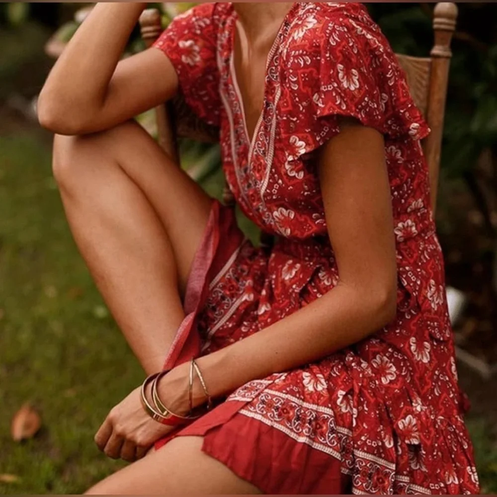 Red Floral Wrap Mini Dress - Women's V-Neck Short Sleeve - Picture 3 of 11